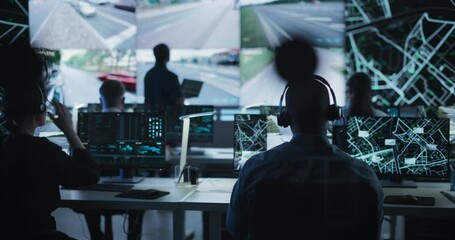 Aufkleber - Advanced City Planning Monitoring Center with Diverse Male and Female Officers Analyzing CCTV Footage, Traffic Data and Road Situation on a Big Digital Screen. Team of Specialists Working in Office