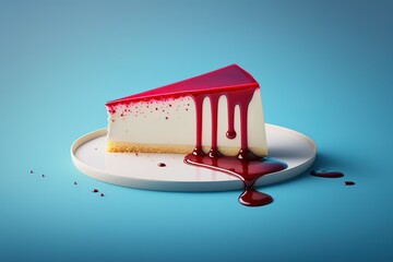 Wall Mural - a piece of cheesecake topped with raspberry syrup rests on a blue dish. generative ai