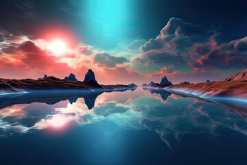Wall Mural - Sunset dramatic sky reflects over the lake on the planet. Generative AI.