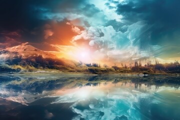 Wall Mural - Sunset dramatic sky reflects over the lake on the planet. Generative AI.