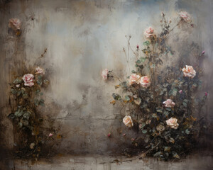 Wall Mural - Rose Roses on a Old Wall. Grunge Background with Flowers. Generative ai illustration