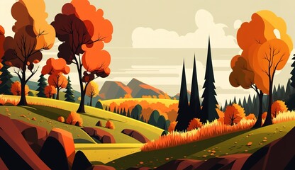 Wall Mural - hillside forest in the fall season. generative ai