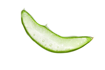 Slice, a piece of green fresh aloe vera. On a white background.