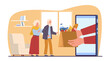 © YummyBuum - Elderly people order fresh food delivery online. Hands hold bag with grocery, huge smartphone, grandfather and grandmother at home. Fast shipping cartoon flat isolated png concept