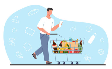 Young man in supermarket with shopping list and cart full of groceries. Modern male character with trolley and list, buying food in mall, cartoon flat isolated illustration. png concept