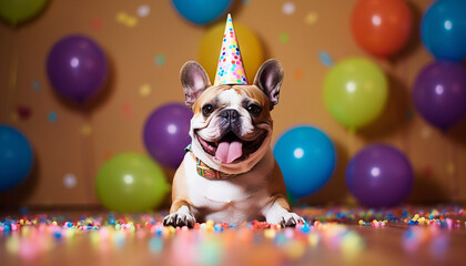 Cute Bulldog with party hat and delicious birthday cake on light blue background, cute funny dog celebrating his birthday. Happy Birthday pet concept