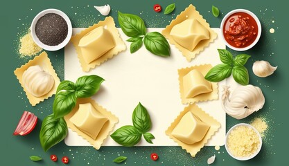 Wall Mural - various italian dishes and components tortellini with pesto tomato sauce olive oil and parmesan chee