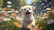 A lifelike 3D render of a joyful and lovable puppy with a wagging tail, tongue out, and eyes full of excitement. It stands in a field of blooming flowers - Generative ai