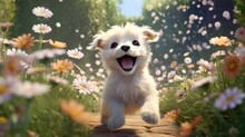A Lifelike 3D Render Of A Joyful And Lovable Puppy With A Wagging Tail, Tongue Out, And Eyes Full Of Excitement. It Stands In A Field Of Blooming Flowers - Generative Ai