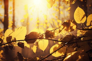 Wall Mural - sunlight shining through yellowing leaves in the woodland during autumn generative ai