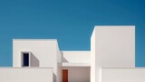 Fototapeta  - Minimalist Architectural Details. Blue Sky, White Concrete Walls. Pink Accents.