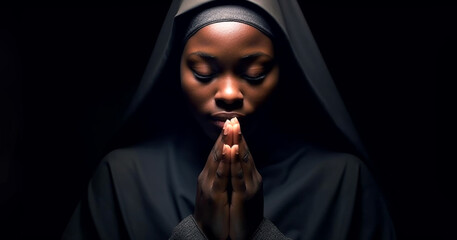 Black dark skinned woman and religion, portrait of catholic nun praying in church and looking at camera. Happy nun portrait