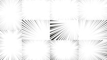 Manga Radial Speed Lines Set For Comic Effect. Motion And Force Action Focus Flash Strip Lines Texture For Anime Book. Vector Background Illustration Of Black Ray Manga Speed Frame Or Explosion.