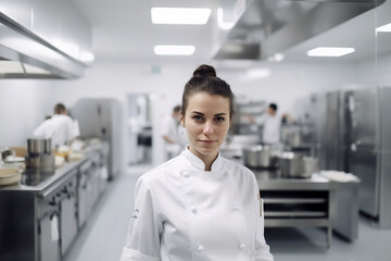 portrait of a female chef working at a professional kitchen in hotel or restaurant.