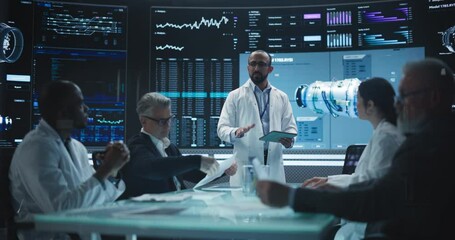 Poster - Chief Engineer Conducting a Quality Assessment Meeting With His Industrial Design Team. Group of Scientists Discussing Possible Development of a New Advanced Turbine Jet Engine with Electric Power