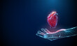 Abstract blue giving hand with red human heart.