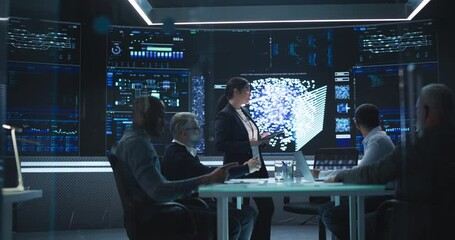 Leinwandbilder - Diverse Team Of Data Scientists and Software Developers Discussing an AI Project in a Room with Neural Network Model on a Digital Screen. Female Leading Artificial Intelligence Company Board Meeting