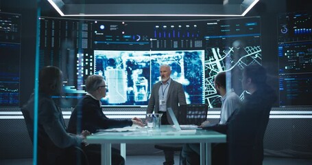 Aufkleber - Team of Surveillance Experts Having a Meeting in a Secret Service Research Center. Diverse Group of Professionals Monitoring an Active Operation with Satellite Tracking Technology