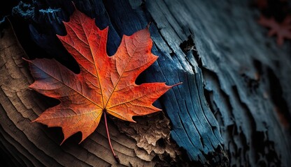 Wall Mural - premise set in the fall. maple leaf on a tree trunk. close-up. generative ai