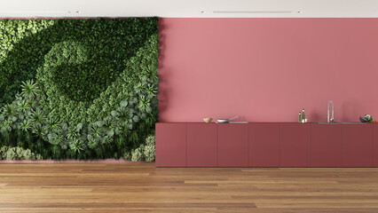 Wall Mural - Modern bright kitchen with cabinets and appliances in red and white tones. Vertical garden and parquet with copy space. Minimal interior design idea template