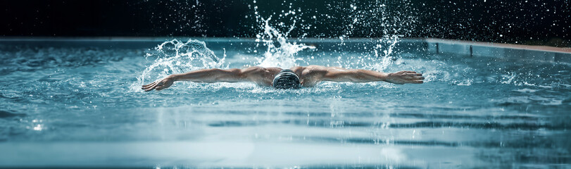 Dynamic image of young muscular man, professional swimming training in swimming pool. Speed, strength and athleticism. Concept of professional sport, action, motion, health. Banner, flyer. Ad