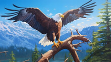 A Majestic Bald Eagle Perched On A Branch Overlooking A Magnificent Mountain Range, With Its Wings Spread Wide Against A Clear Blue Sky, Capturing The Essence Of Freedom And Power. Generative AI