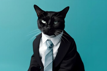 Wall Mural - Stylish fashionable business cat in a black jacket and tie on a blue pastel background in the studio. Creative concept of fashion and business. Generative AI. 