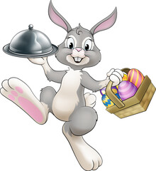 Sticker - An Easter bunny rabbit cartoon character, possibly the chef, serving or delivering food from a restaurant in a silver cloche tray plate or platter.