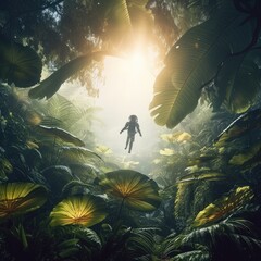 Ray of sunshine of surreal science fiction scene showing astronaut levitating in lush forest. Generate ai.