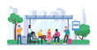 © VectorBum - People waiting for bus at transit stop. Public transport station. Persons sitting on bench. Urban traffic. Transportation service. Men and women standing on sidewalk. png concept