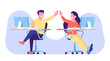 Office workers high five each other as sign of teamwork. People working together. Man and woman sitting at tables. Employees collaboration. Professional cooperation. png concept