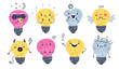 Cartoon light bulbs characters. Glowing and broken lamps with funny faces. Idea symbol. Invention and brainstorming emoticons. Sad or happy lightbulbs. Garish png smiling mascots set