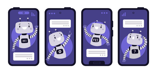 Chatbot in phone. Funny android assistant. Support application with virtual robot mascot. Friendly cyborg. AI technology. Help chat dialog. Cartoon digital character. Garish png set