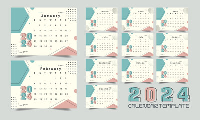 Wall Mural - 2024 calendar. Cover, set of 12 months pages and page with 2024 calendar. Vector illustration.