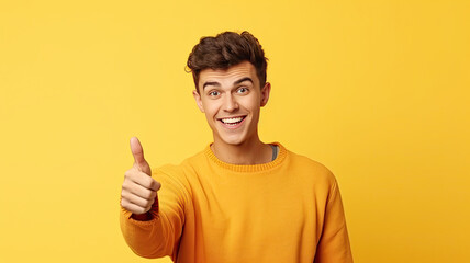 Illustration of a Happy young man in yellow sweater and hat showing thumbs up on yellow background, copy space, ai generative