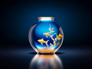 Wall Mural - Modern style of glass vase made full water and glowing halo fish inside of vase, style gold and blue,Generative AI