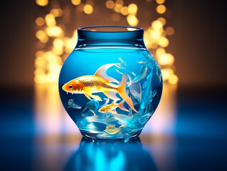 Wall Mural - Modern style of glass vase made full water and glowing halo fish inside of vase, style gold and blue,Generative AI