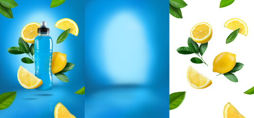 Isotonic drink display fresh water product on blue background with lemon png fruits flying on mockup