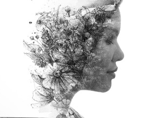 A floral black and white paintography portrait of a woman's profile