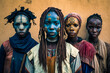 A group of young ethnic African people wearing traditional cloth, with colorful tribal paint on their faces. Created with Generative AI technology.