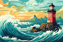Lighthouse In Stormy Sea Big Wave Seascape Illustration Generative AI