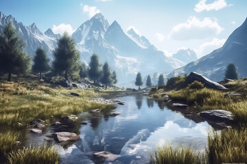 The illustration of the Embark on a visual journey to breathtaking heights, a crystal-clear stream meanders through the picturesque valley. Generative AI.