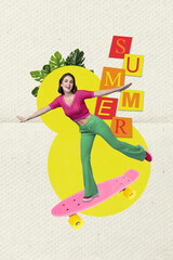 Poster - Creative template collage image of excited cool lady rising skateboard good summer weather isolated colorful background