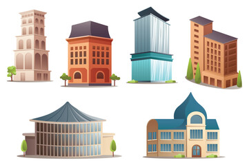 Wall Mural - Architecture set. This is a flat, cartoon-style design set of various architectural buildings, including houses, towers, and monuments. Vector illustration.