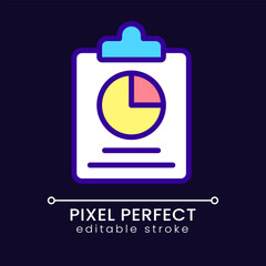 Sticker - Clipboard and chart pixel perfect RGB color icon for dark theme. Data analysis visual presentation. Simple filled line drawing on night mode background. Editable stroke. Poppins font used