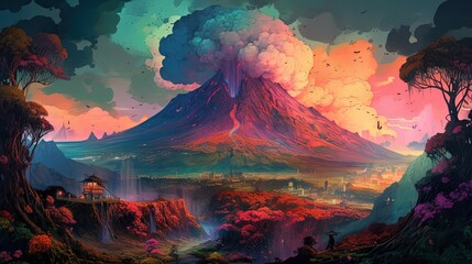 artistic illustration of erupting volcano with smoke and ash on sky with village at mountain foot, Generative Ai