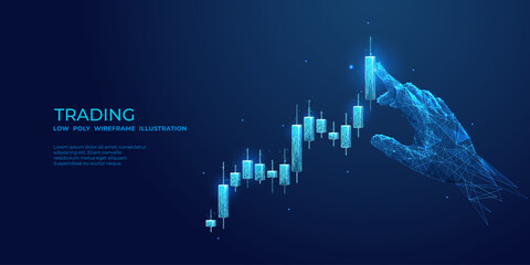 Leinwandbilder - Abstract man touches a candlestick with his index finger. The concept of risk management or playing in the stock markets. A digital hand is touching and lifting up the graph chart. Vector illustration