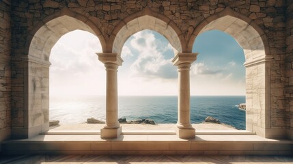 Generative AI, historic medieval stone arch windows with romantic view of sea or ocean, summer landscape background.