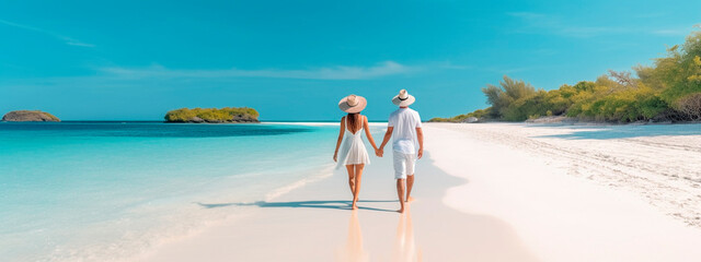 young couple walking on white sand beach on paradise island. generative ai,