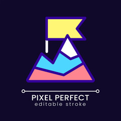 Sticker - Top of mountain pixel perfect RGB color icon for dark theme. Goal achievement. Adventure and hiking. Simple filled line drawing on night mode background. Editable stroke. Poppins font used